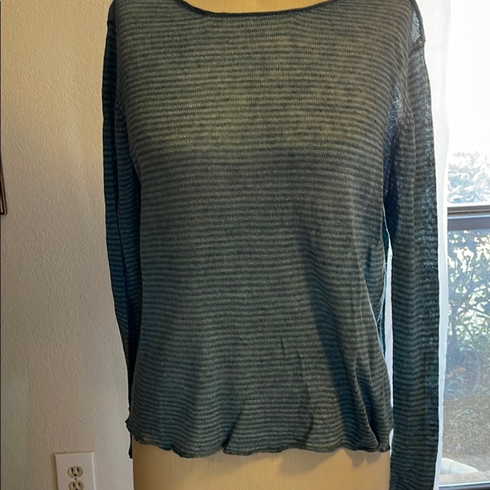 Eileen Fisher Teal Blue Linen stripe sweater